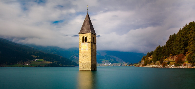 water, outdoors, 5K, waterfront, built structure, south tyrol, nature, sky, flooded, mountain, reservoir, day, travel destinations, architecture, grauns