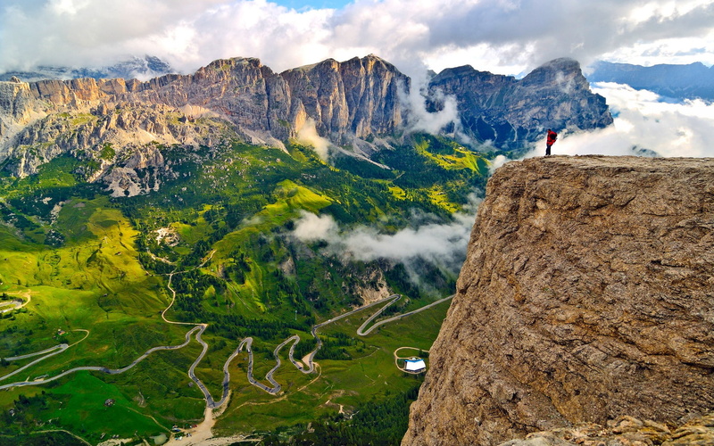 clouds, mountains, 1080P, cliff, panorama, road, valley, nature, landscape, South Tyrol, Italy, green
