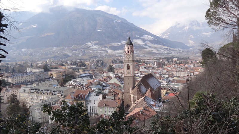 mountain, high angle view, residential district, tree, community, built structure, italy, cityscape, meran, city, roof, nature, day, no people, south tyrol