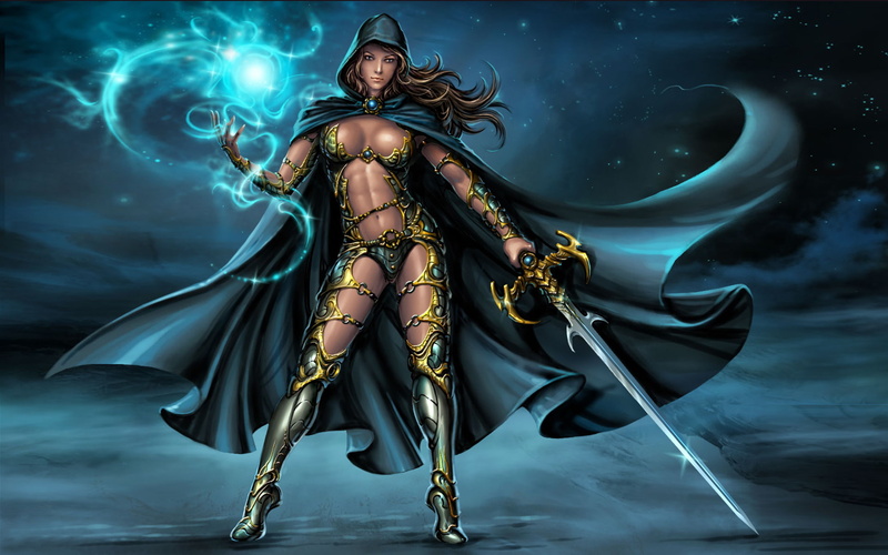 metal, costume, gown, girl, gray, rubies, yellow, magical, sword, precious, decorative, fantasy, wonderful, art, blue, warrior, 1080P