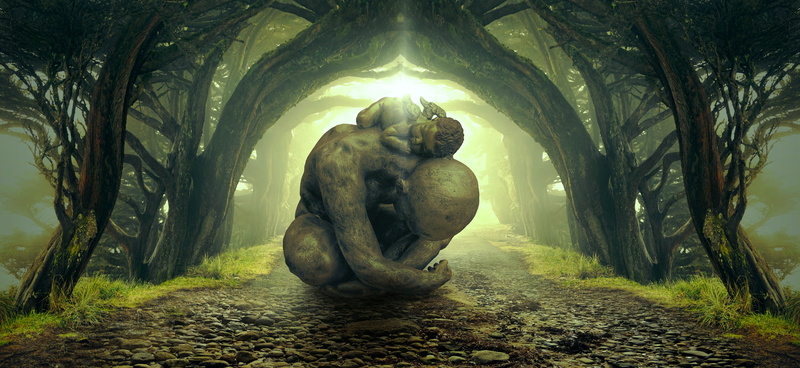 land, figure, mood, back, magic, sculpture, landscape, day, outdoors, fantastic, park, beautiful, recovered, fantasy, spooky, statue, sit, fairytale, atmosphere