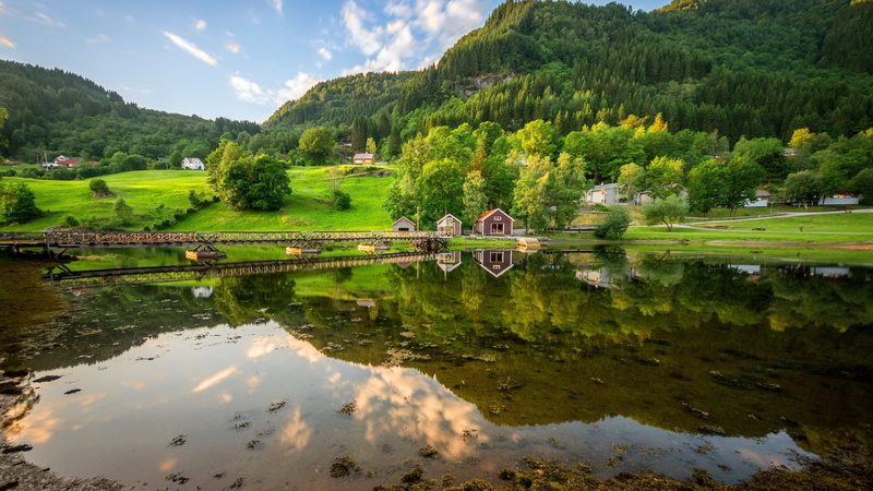 mountain, green color, grass, tranquility, scenics - nature, spring, field, hill, trees, outdoors, sky, valley, tranquil scene, island, tourism, river