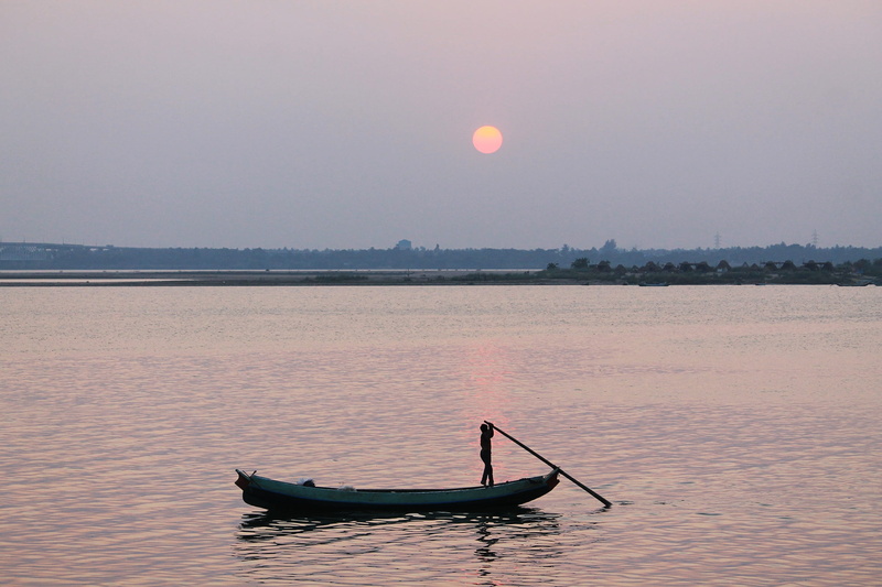 landscape, transportation, boat, evening, sky, sunset, 2K, outdoors, full moon, tranquility, sun, boatman, beauty in nature, scenics - nature, nature