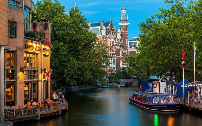 building, high, lake, rise, Nederland, near, 1080P, Buildings, City, beige, River, Amsterdam