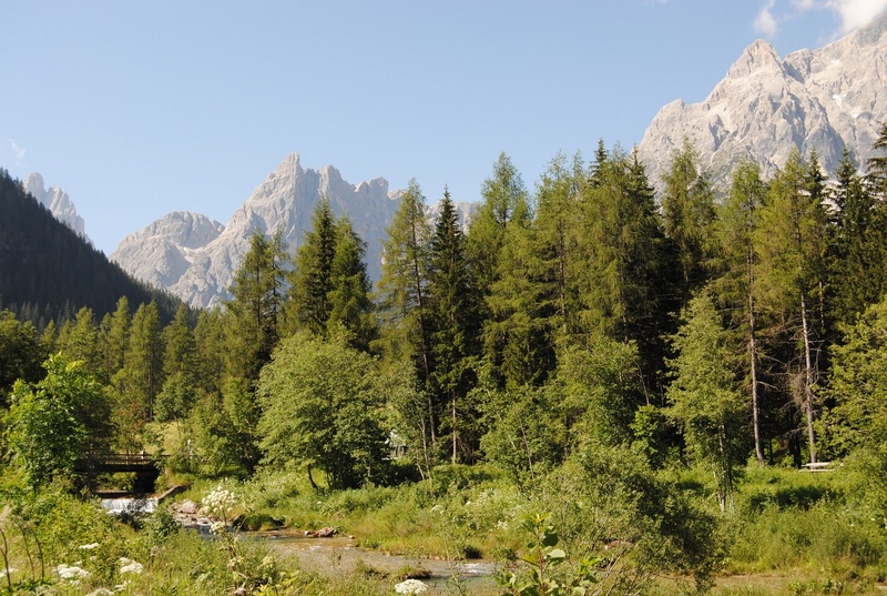 remote, environment, mountain, trees, sky, formation, tranquil scene, outdoors, dolomiti di sesto, landscape, mountain range, hiking, tree, non-urban scene