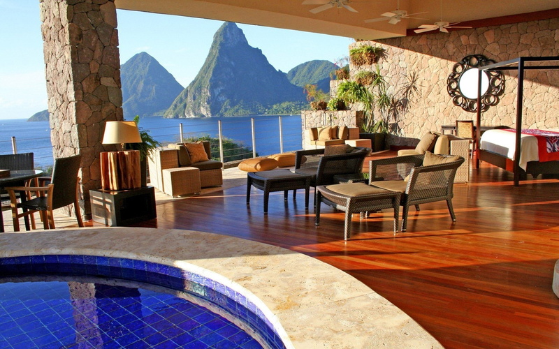 sunlight, furniture, plant, beauty in nature, tree, mountain, day, business, swimming pool, chair, nature, indoors, absence, flooring, restaurant, water