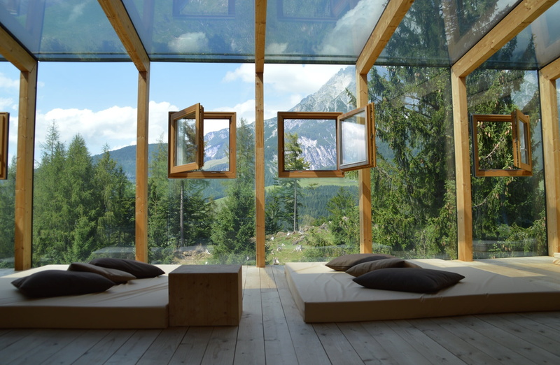 Windows, the hotel, glass, wall, mountains, interior, mattresses, relax, Board, floor, 1080P, pillow, room, landscape