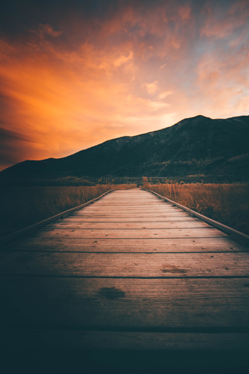 flooring, sunset, mountains, wooden, 5K, pier, boardwalk