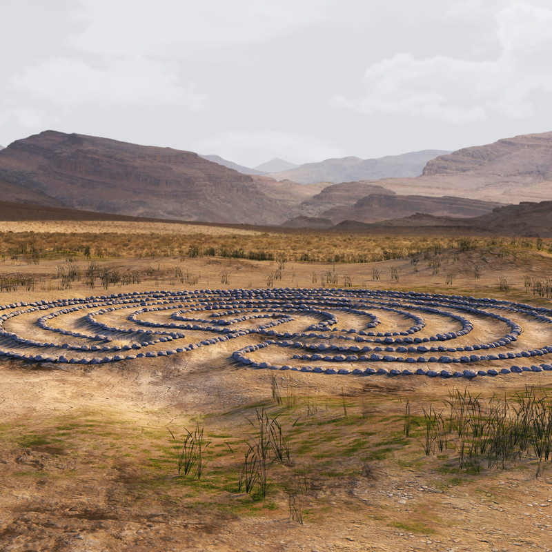 beauty in nature, arid climate, render, field, mountain, pacing, no people, nature, lines, 4K, steppe, stone labyrinth, cloud - sky, meditation, tranquil scene