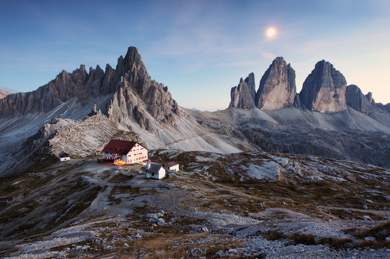 snowy areas, beautiful nature, mountains, The Dolomites, Italy, Three Peaks, 5K, Dolomite Alps, snowy land, the sky, sky, house, landscape, sunset