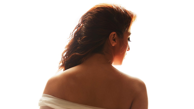 Julie, 4K, human body part, rear view, human skin, semi-dress, lifestyles, adult, skin, hair, young women, beauty, contemplation, white background, young adult