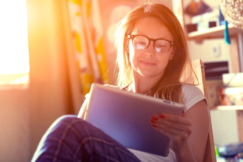 happiness, wireless technology, hairstyle, tablet, 1080P, indoors, eyeglasses, hair, one person, glasses, women, women with glasses, young adult, portrait