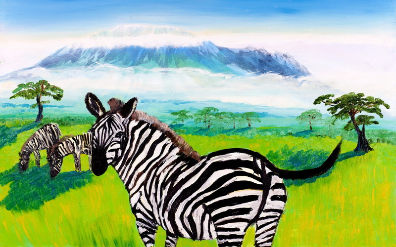 animal, Kilimanjaro, picture, Zebra, Africa, landscape, 1080P, mountain
