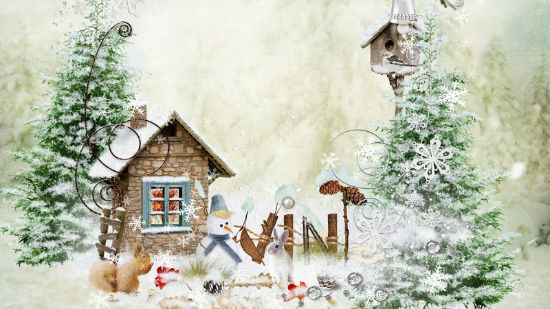 snowing, snowman, house, surprises, whimsical, bunny, trees, bird, cottage, 1080P, bird feeder, yard, winter, home, cold, snow