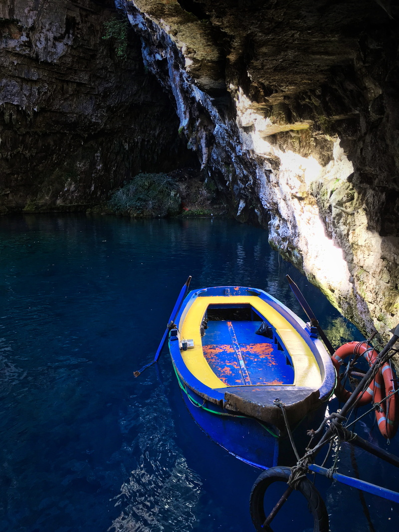 rock, rock formation, nautical vessel, sami, rock - object, mode of transportation, water, cave, melissani lake cave, mountain, river, beauty in nature