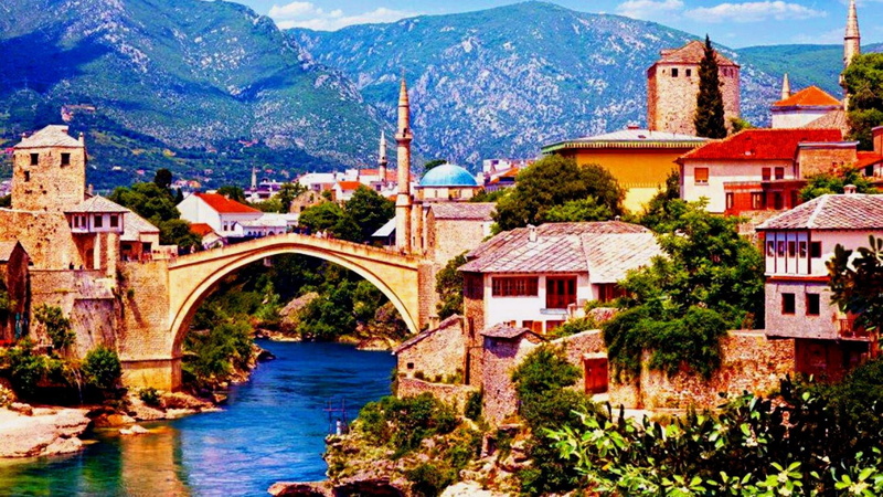 house, town, water, no people, architecture, 1080P, city, bosnia and herzegovina, built structure, day, plant, bridge - man made structure, mountain, nature