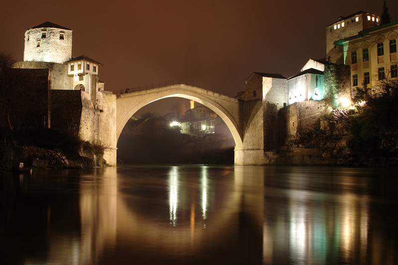 rebuilt, illuminated, herzegovina, mostar, waterfront, bosnia and herzegovina, city, reflection, arch bridge, travel destinations, arch, bridge - Man Made Structure