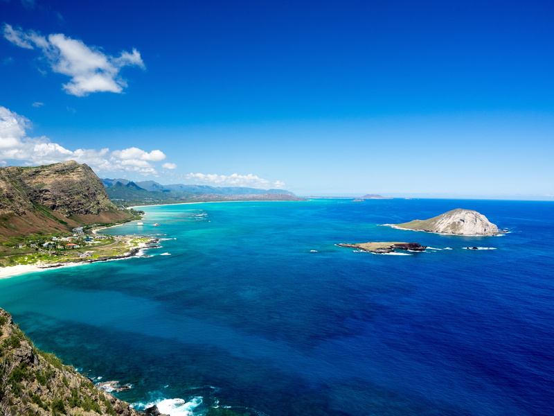 oahu, scenics - nature, nautical vessel, travel destinations, no people, land, tranquil scene, idyllic, shore, blue, cloud - sky, sea, Hawaii, turquoise colored
