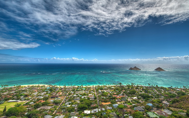 Oahu, 2K, Sea, Beach, Horizon, Palm Tree, Town, House, Ocean, Lanikai Beach, Man Made