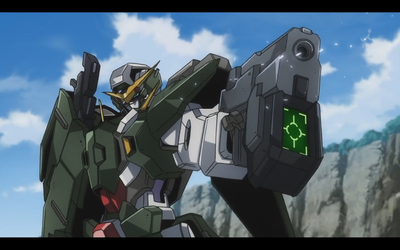 guidance, green color, 720P, symbol, focus on foreground, nature, outdoors, low angle view, metal, transportation, close-up, Mobile Suit Gundam 00, technology
