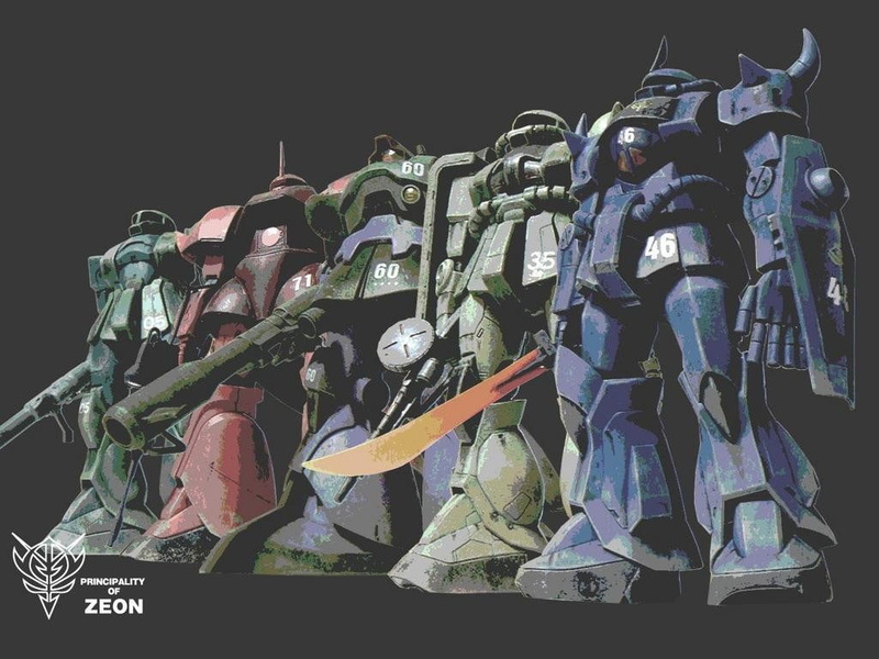 architecture, anime, in a row, text, clothing, art and craft, low angle view, Mobile Suit Gundam, clear sky, human representation, craft, nature, 480P