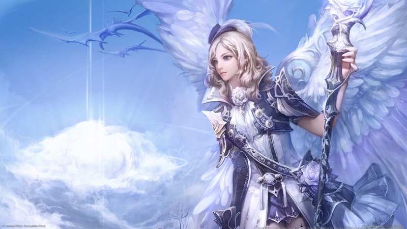 angel, flying, animal wing, environment, Video Game, women, hairstyle, blond hair, cloud - sky, hair, blue, nature, one person, wind, beautiful woman, AION