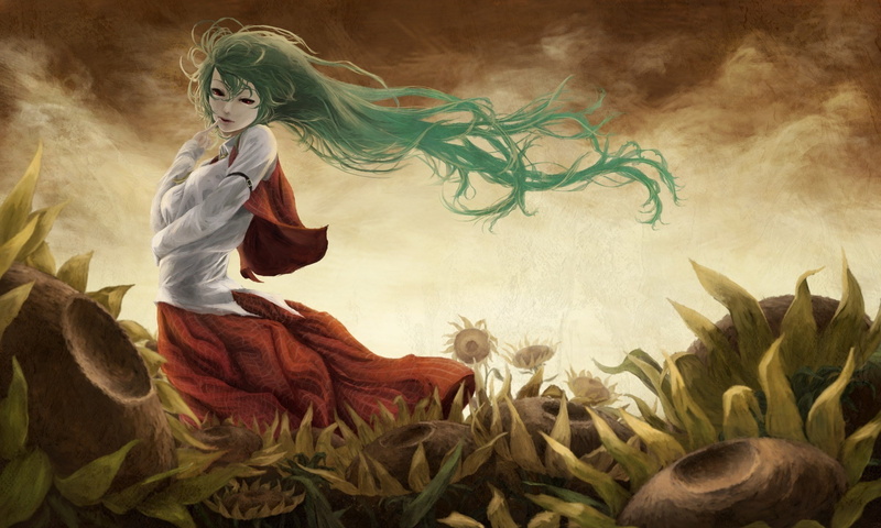 wind, environment, females, sky, art and craft, painted, fairy tale, 1080P, touhou, hairstyle, fantasy, leaf, angel, painted image, evil, nature, people
