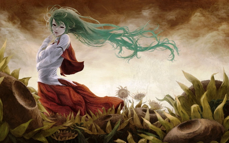 fantasy, anime, sunflowers, Anime / Animated, sunflower, bizarre, haired, adult, leaf, 720P, females, religion, dress, one person, flowers, painted, hairstyle