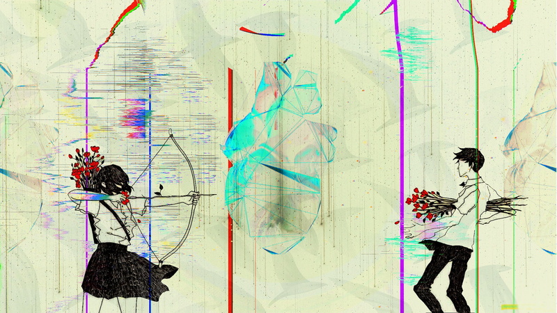 glitch art, Arrow, heart, archery, 1080P, love, Capricorn, rose, Eros, couple, birds