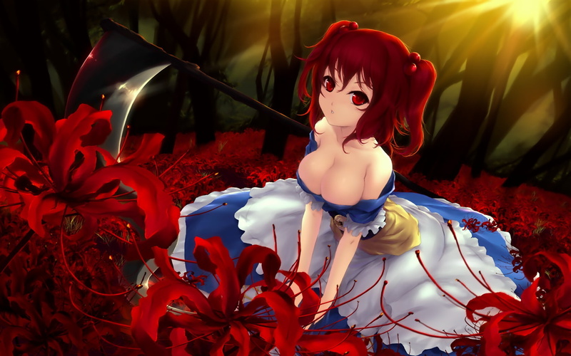 scythe, Flowers, wa, Touhou, redheads, x, twintails, art, komachi, onozuka, lilies, spider, lily, red, 720P, hd, nature, eyes