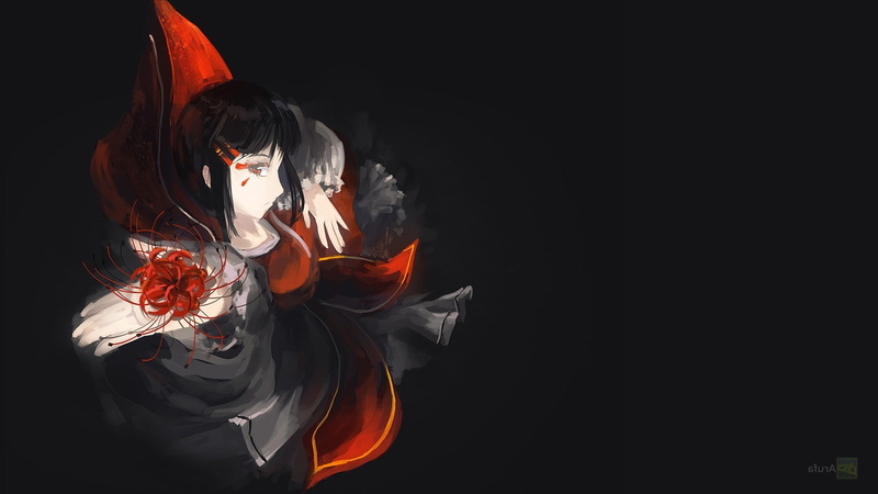 women, dark, nature, clothing, red, studio shot, 1080P, heat - temperature, portrait, paint, orange color, one person, original characters black dress red ribbon spider lilies