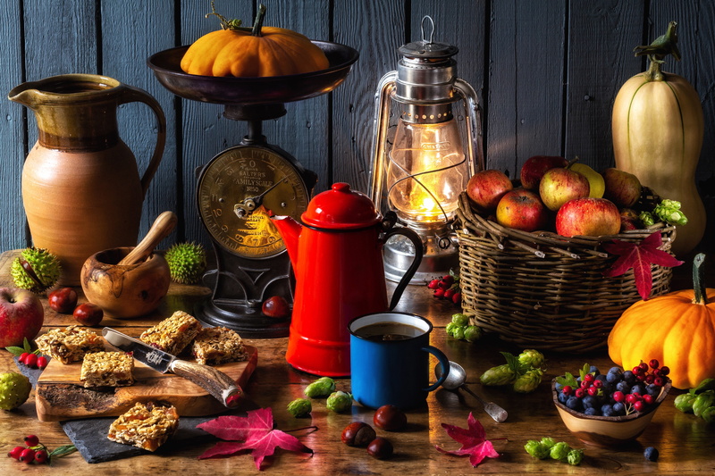 autumn still life, Libra, lantern, berries, basket, pitcher, 5K, kettle, pumpkin, chestnuts, nuts, mug, apples, lamp