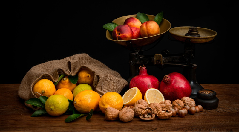 grenades, weights, nuts, bag, lemons, Libra, still life, 5K, nectarines