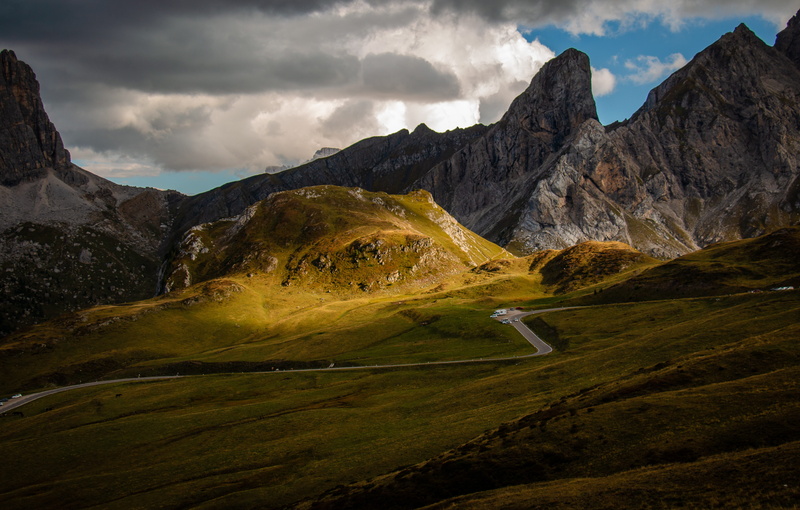 wilderness, cloud - sky, no people, view, mountain road, land, non-urban scene, sky, plateau, countryside, field, basin, tranquility, hill, passo giau