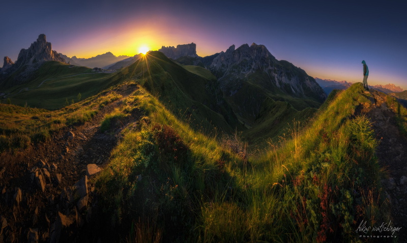 Luke Watschinger, hills, 1080P, dawn, rays, Passo Giau, the sun