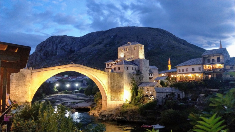 kujundžiluk 5 mostar federationen bosnien och hercegovina 88000, bridge - man made structure, outdoors, illuminated, cloud - sky, mountain, water, architecture