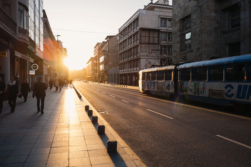 sarajevo city center, street, land vehicle, sky, hercegovina, 4K, bosnia, sarajevo, city life, goldenhour, track, sunset, motion, architecture, transportation