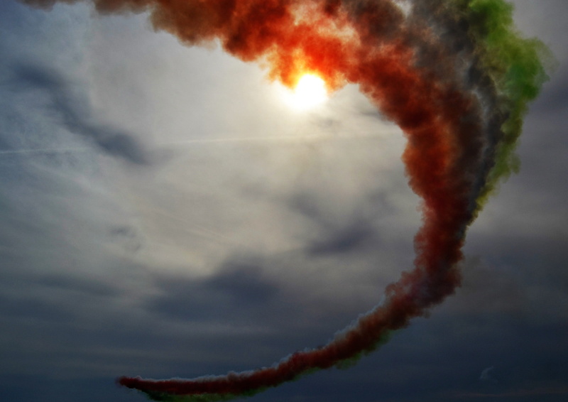outdoors, 4K, sky, beauty in nature, smoke stack, no people, aircraft, sunset, frecce tricolori, environmental damage, environmental issues, environment