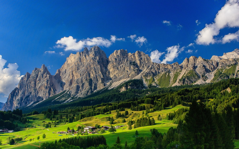 Bavaria, Mountains, Blue, 1080P, Village, grey, rock, Green, Trees, grass, field, Germany