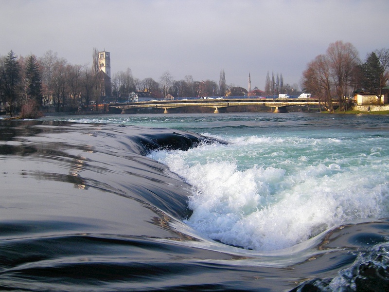 1080P, flowing, village, sky, buildings, built structure, cascade, day, sport, no people, winter, river, nature, tree, trees, wave, water, motion, cold temperature
