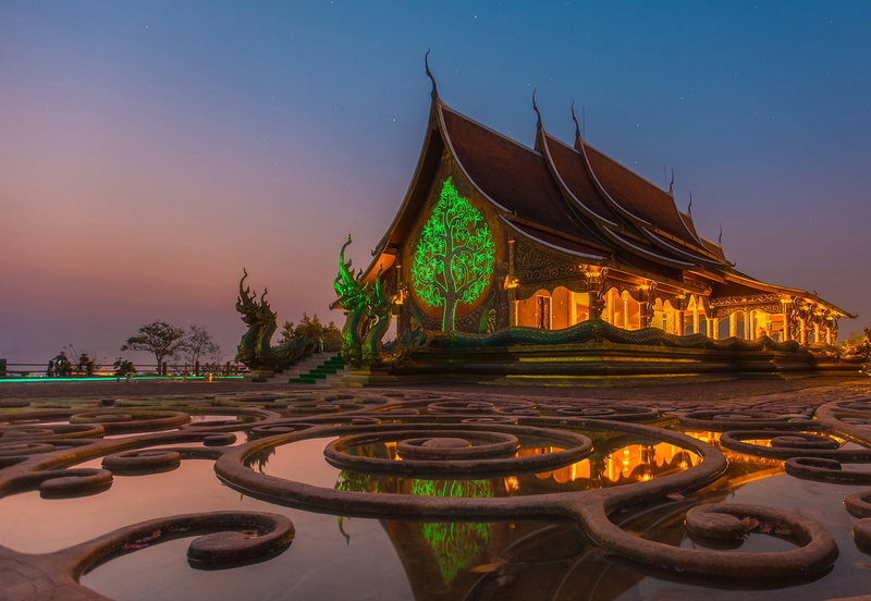 sculpture, stars, dragons, Thailand, 1080P, temple, the sky, the evening, design, lights, water, Ratchathani Province