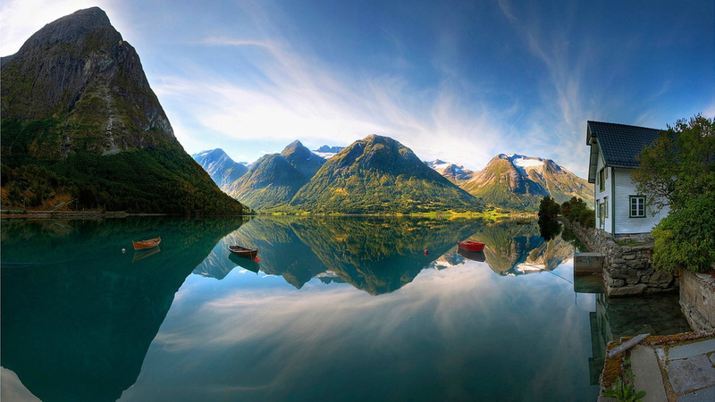 house, hills, building, Norway, environment, idyllic, water, tranquility, sky, cloud - sky, mountain, travel destinations, tranquil scene, reflection, 1080P