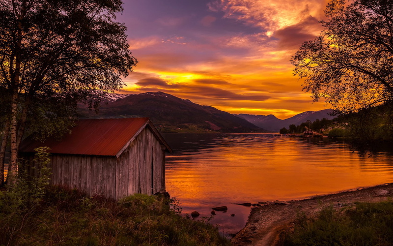 Sunset, Red, 1080P, Lake, Norway, Trees, Sky, House