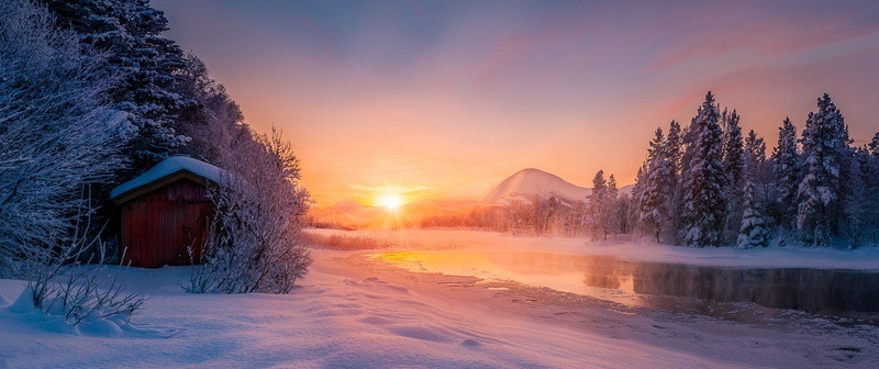 tranquil scene, sky, built structure, calm, landscape, building, mountains, cold, plant, cold temperature, nature, tranquility, architecture, tree, snow