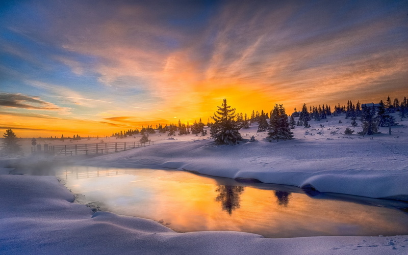 frost, orange color, house, 1080P, landscape, outdoors, clouds, snow, cold, sunset, sky, beauty in nature, cold temperature, winter, non-urban scene, mist