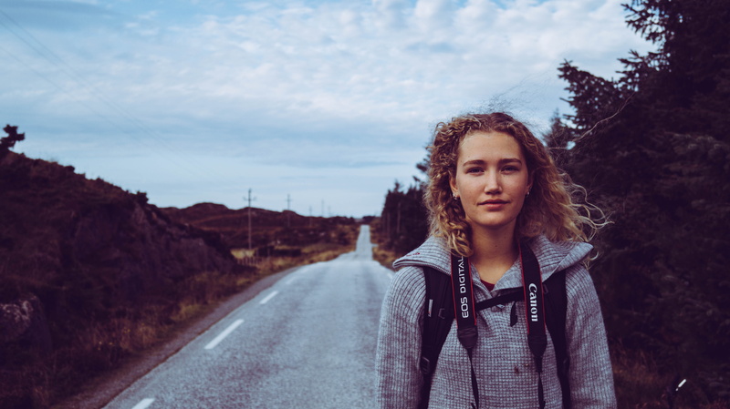 women outdoors, Norway, Canon, road, norwegian, blonde, 5K, curly hair, landscape