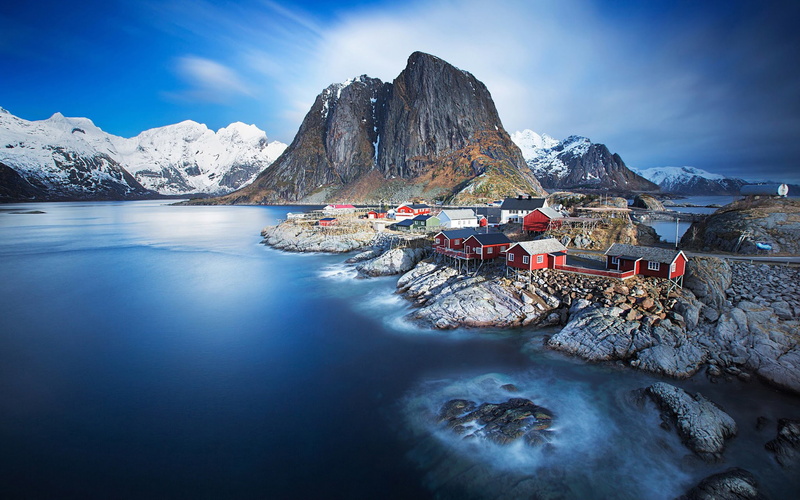 bay, 2K, norway, fishing, sea, houses, nature, village, desktop, mountains, snowy, hd, peaks, landscape, rocky, lofoten
