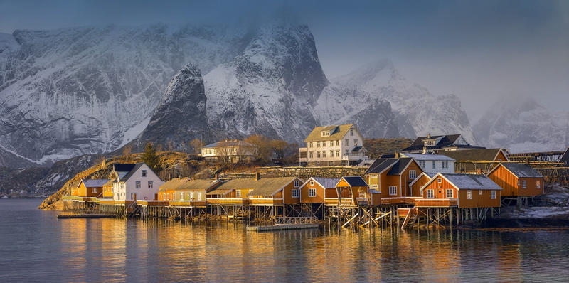 norway, village, snowy peak, sea, nature, sunset, 720P, mist, fjord, snowy, houses, landscape, mountain, peak