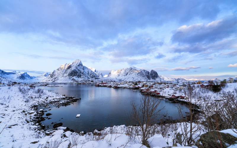 mountains, landscape, 2K, hd, fishing, norway, village, lofoten, desktop, snow, lake