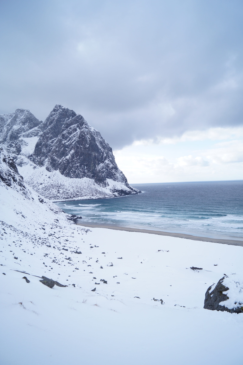 sea, covered, outdoors, land, gray, day, tranquil scene, 5K, seaside, moskenes, nature, horizon, tranquility, snowcapped mountain, arctic, mountain, cloud - sky